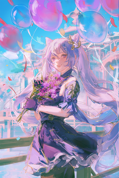 Anime picture 1001x1500 with genshin impact keqing (genshin impact) keiuu single long hair tall image looking at viewer open mouth standing purple eyes twintails purple hair outdoors :d wind hair bun (hair buns) girl gloves flower (flowers) detached sleeves