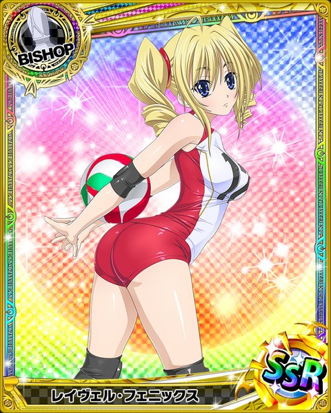 Anime picture 640x800 with highschool dxd ravel phenex single long hair tall image looking at viewer blush blue eyes light erotic blonde hair twintails ahoge looking back drill hair card (medium) girl uniform bodysuit scrunchie hair tie