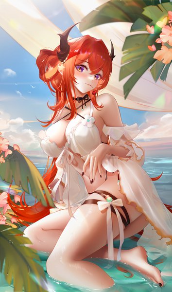 Anime picture 4536x7680 with arknights surtr (arknights) surtr (colorful wonderland) (arknights) liu liaoliao single long hair tall image looking at viewer blush fringe highres breasts light erotic hair between eyes large breasts sitting purple eyes holding signed absurdres