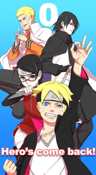 イラスト 1000x1825 と ナルト boruto 株式会社ぴえろ naruto (series) うずまきナルト うちはサスケ うちはサラダ うずまきボルト hal (sakurajam) 長身像 カメラ目線 前髪 短い髪 開いた口 青い目 黒髪 simple background 金髪 hair between eyes 赤い目