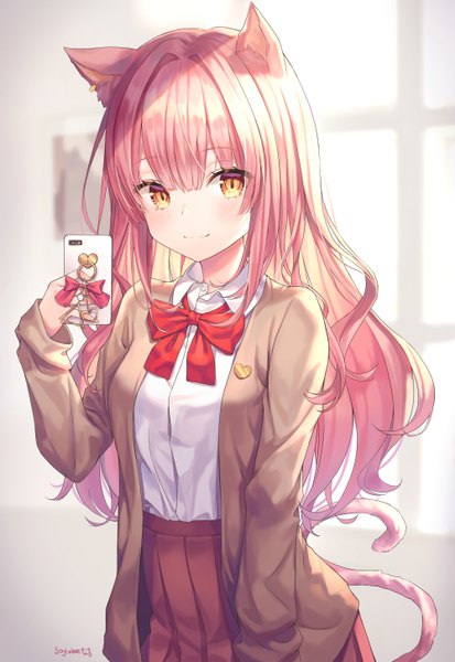 Anime picture 1000x1453 with original soyubee single long hair tall image looking at viewer blush fringe smile hair between eyes standing signed animal ears yellow eyes pink hair tail long sleeves animal tail pleated skirt cat ears
