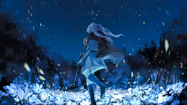 Anime picture 3840x2160 with sousou no frieren frieren musbi (yuiren) single long hair highres wide image twintails absurdres silver hair full body outdoors from behind night girl flower (flowers) cape knee boots staff flower field