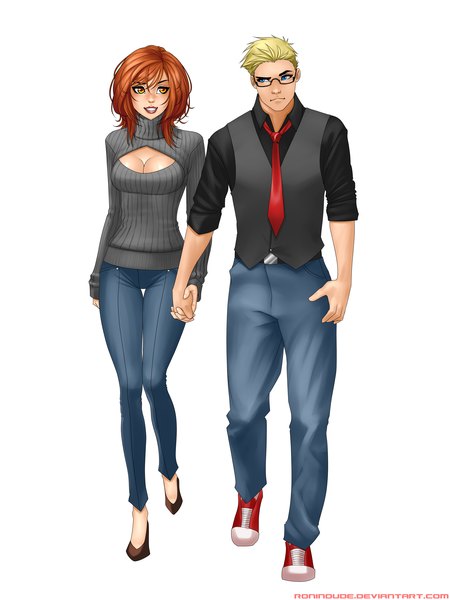 Anime picture 3000x4000 with ronin dude (ray cornwell) long hair tall image highres short hair blue eyes blonde hair simple background smile white background yellow eyes cleavage lips orange hair holding hands girl boy glasses necktie turtleneck