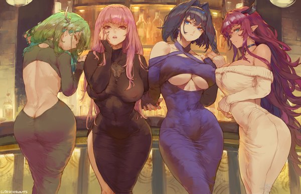 Anime picture 7500x4837 with virtual youtuber hololive hololive english mori calliope ouro kronii ceres fauna irys (hololive) cutesexyrobutts long hair looking at viewer fringe highres breasts open mouth blue eyes light erotic black hair hair between eyes large breasts standing