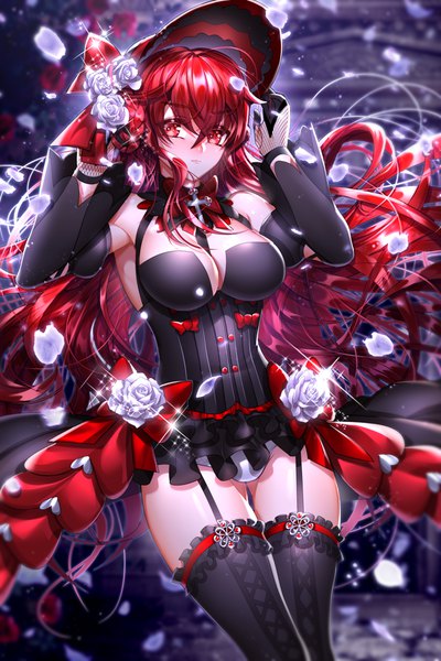 Anime picture 2756x4134 with elsword elesis (elsword) been single long hair tall image looking at viewer fringe highres breasts light erotic hair between eyes red eyes large breasts standing bare shoulders cleavage red hair braid (braids) blurry