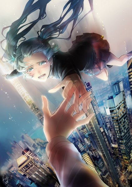 Anime picture 1300x1839 with vocaloid rolling girl (vocaloid) hatsune miku rahwia tall image open mouth twintails very long hair aqua eyes aqua hair city holding hands cityscape flying crying pov falling girl skirt uniform