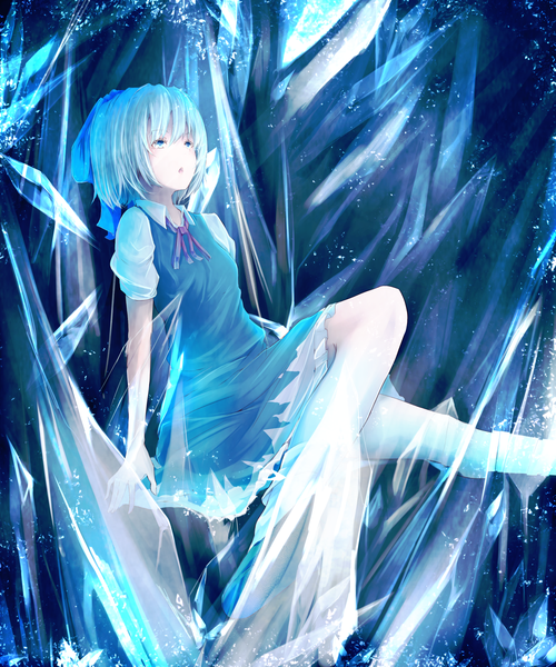 Anime picture 1500x1800 with touhou cirno marumoru single tall image short hair blue eyes sitting aqua hair looking up girl dress bow hair bow wings ice
