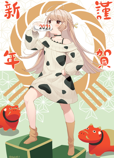 Anime picture 2646x3679 with original akamoku single long hair tall image blush highres blonde hair brown eyes looking away full body off shoulder no shoes hand on hip half updo new year animal print 2021 nengajou cow print