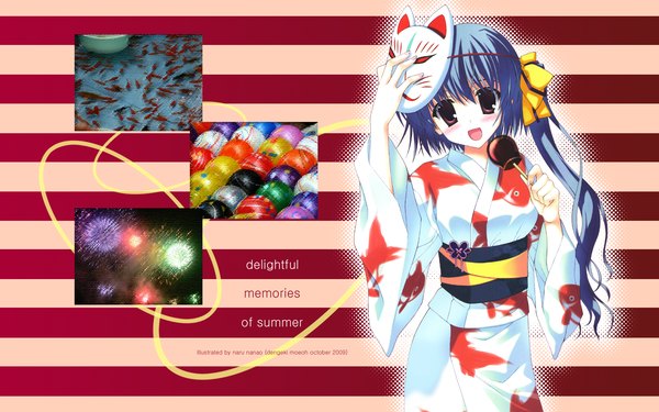 Anime picture 1920x1200 with tagme (copyright) nanao naru single long hair looking at viewer blush highres open mouth wide image traditional clothes japanese clothes side ponytail animal print mask on head fish print girl food obi mask yukata