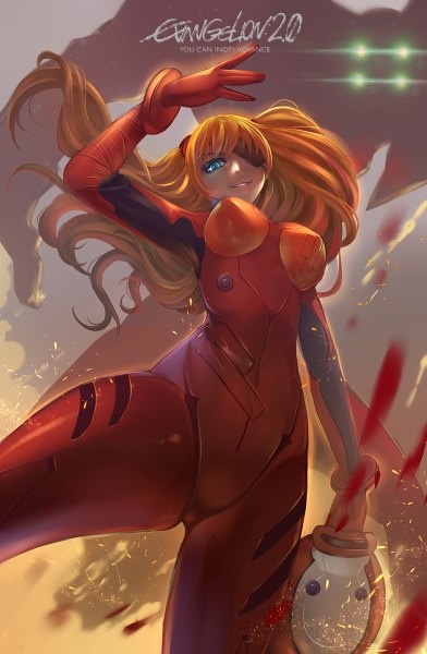 Anime picture 784x1200 with neon genesis evangelion rebuild of evangelion evangelion: 2.0 you can (not) advance gainax soryu asuka langley shikinami asuka langley eva 02 aurora rokudo single long hair tall image looking at viewer blue eyes light erotic smile orange hair from below girl blood bodysuit