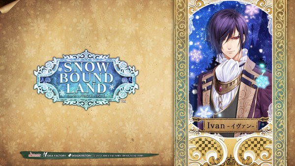 Anime picture 1920x1080 with snow bound land idea factory ivan (snow bound land) long hair looking at viewer fringe highres simple background red eyes wide image purple hair tail scan inscription official art copyright name character names snowing boy jewelry