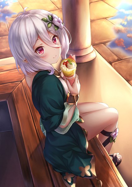 Anime picture 2508x3544 with princess connect! re:dive princess connect! kokkoro (princess connect!) yuririn poi single tall image looking at viewer blush fringe highres short hair hair between eyes red eyes sitting holding silver hair full body ahoge bent knee (knees) outdoors