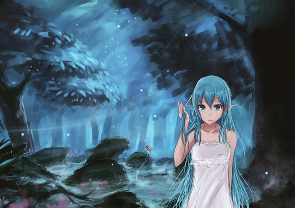 Anime picture 2020x1430 with vocaloid hatsune miku takeshi takeshi single looking at viewer highres bare shoulders very long hair aqua eyes pointy ears aqua hair girl plant (plants) tree (trees) water sundress