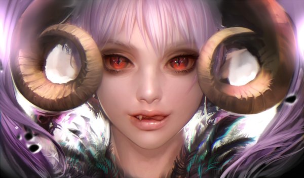 Anime picture 2000x1174 with original airspace (artist) single long hair looking at viewer fringe highres red eyes wide image purple hair parted lips horn (horns) lips teeth fang (fangs) close-up demon girl face licking demon eyes