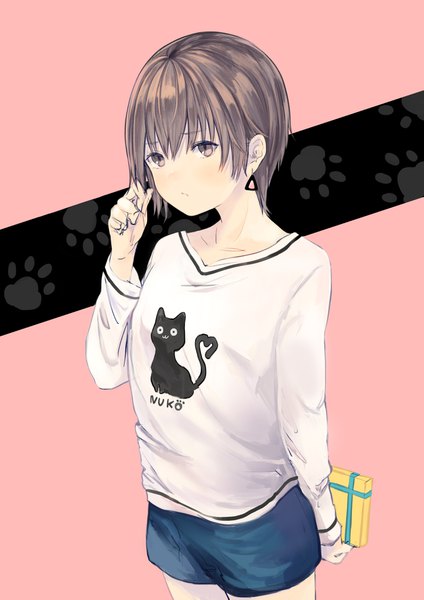 Anime picture 2894x4093 with original ikoan single tall image looking at viewer fringe highres short hair simple background hair between eyes brown hair standing brown eyes adjusting hair pink background arm behind back paw print girl earrings shorts