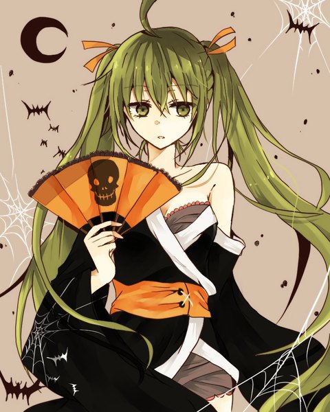 Anime picture 782x978 with vocaloid hatsune miku chibirisu single tall image fringe simple background hair between eyes twintails bare shoulders holding green eyes looking away ahoge long sleeves very long hair traditional clothes parted lips japanese clothes green hair