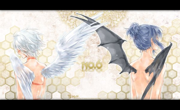 Anime picture 1300x801 with no.6 studio bones nezumi (no.6) shion (no.6) fringe short hair wide image bare shoulders blue hair white hair from behind multiple boys back angel wings bat wings demon wings boy wings 2 boys