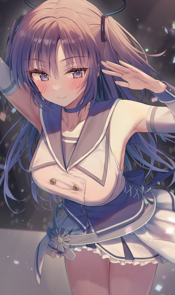 Anime picture 1190x2000 with blue archive yuuka (blue archive) kuro futoshi single long hair tall image blush smile purple eyes purple hair arm up two side up official alternate costume sailor collar girl detached sleeves halo