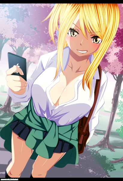 Anime picture 800x1171 with fairy tail apple inc. lucy heartfilia xsnowcoolx single long hair tall image blush light erotic blonde hair smile yellow eyes ponytail sunlight grin coloring cherry blossoms side ponytail girl plant (plants)