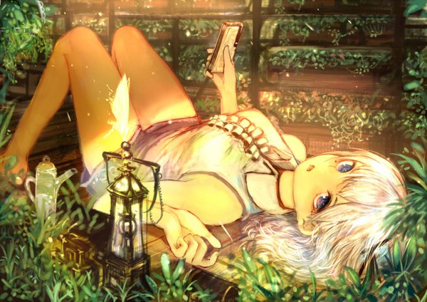 Anime picture 1500x1060 with original shiabisu single long hair looking at viewer fringe open mouth purple eyes bare shoulders holding bent knee (knees) white hair indoors lying barefoot mole bare legs on back mole under eye girl