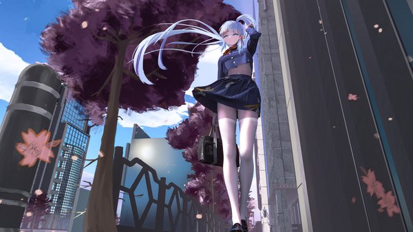 Anime picture 7680x4320 with genshin impact kamisato ayaka jingjue de pao pao single long hair fringe highres breasts blue eyes wide image standing holding looking away absurdres sky silver hair cloud (clouds) full body outdoors ponytail