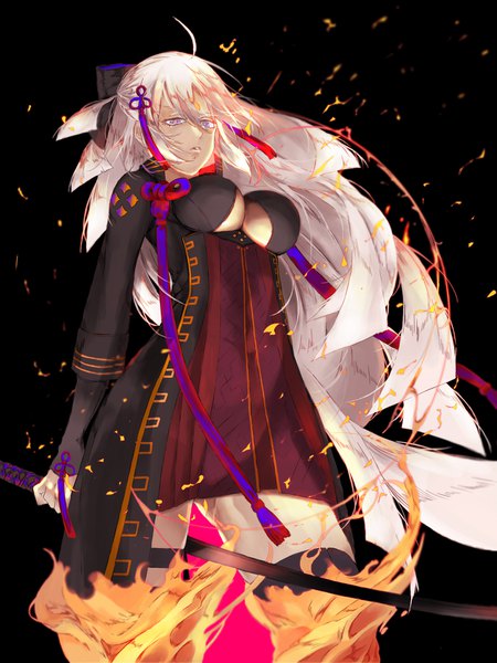 Anime picture 1260x1681 with fate (series) koha-ace okita souji (fate) (all) okita souji alter (fate) neronero00 single long hair tall image breasts light erotic simple background large breasts purple eyes looking away silver hair ahoge underboob black background girl thighhighs