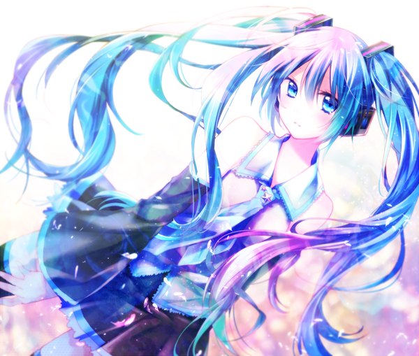 Anime picture 1000x849 with vocaloid hatsune miku riichu single long hair looking at viewer blue eyes twintails bare shoulders blue hair girl skirt detached sleeves miniskirt petals headphones
