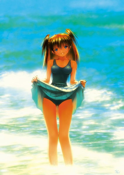 Anime picture 1240x1754 with neon genesis evangelion gainax soryu asuka langley single long hair tall image looking at viewer blue eyes light erotic smile brown hair twintails short twintails skirt lift girl swimsuit sea