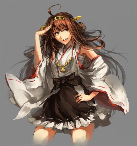 Anime picture 1500x1600 with kantai collection kongou battleship ruukii drift single long hair tall image highres open mouth simple background smile brown hair bare shoulders brown eyes looking away traditional clothes japanese clothes grey background teeth hand on hip nontraditional miko