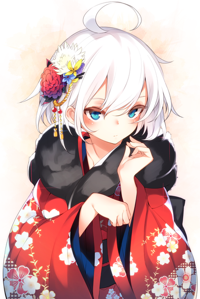 Anime picture 807x1200 with original ringo-chan (otokuyou) otokuyou single tall image looking at viewer blush fringe short hair blue eyes simple background hair between eyes standing ahoge white hair traditional clothes japanese clothes wide sleeves fur trim floral print
