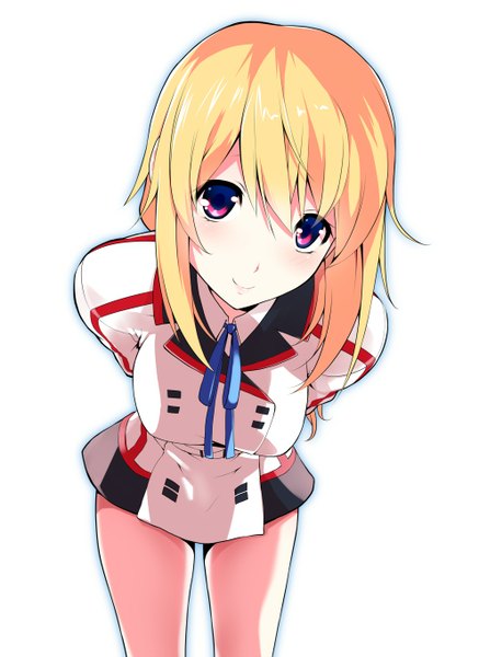 Anime picture 992x1360 with infinite stratos 8bit charles dunois miraisen single long hair tall image looking at viewer blush light erotic simple background blonde hair smile white background purple eyes girl dress uniform ribbon (ribbons) school uniform