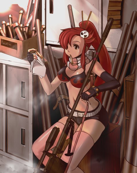 Anime picture 1200x1518 with tengen toppa gurren lagann gainax yoko littner hyper heiki (artist) single long hair tall image breasts bare shoulders holding brown eyes ponytail red hair mouth hold girl thighhighs gloves navel hair ornament weapon