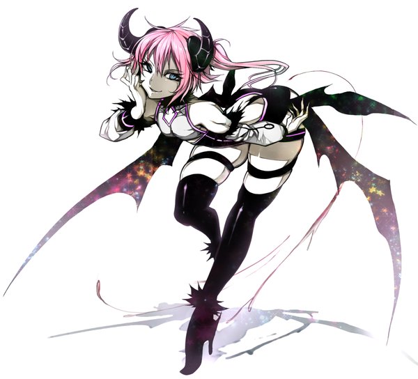 Anime picture 1109x1006 with original wadani hitonori single long hair looking at viewer fringe blue eyes simple background smile standing white background bare shoulders pink hair long sleeves horn (horns) high heels demon girl demon wings demon demon boy