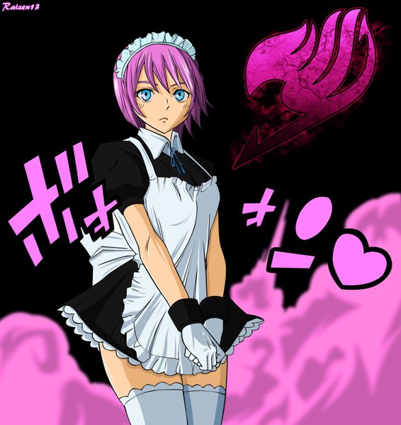 Anime picture 1450x1539 with fairy tail virgo (fairy tail) raizen13 single tall image short hair blue eyes purple hair maid coloring black background smoke girl gloves heart