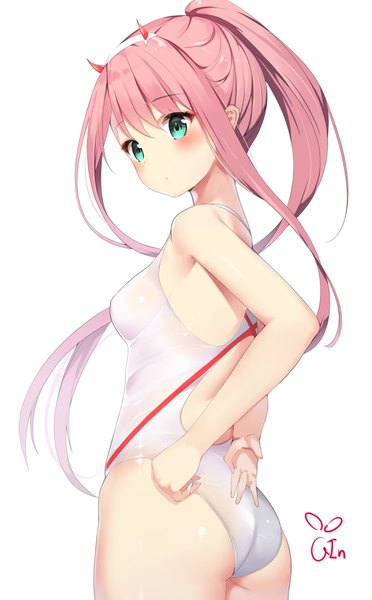 Anime picture 2178x3508 with darling in the franxx studio trigger zero two (darling in the franxx) gin00 single long hair tall image looking at viewer blush fringe highres breasts light erotic simple background hair between eyes standing white background signed payot pink hair