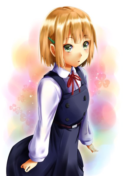 Anime picture 877x1240 with tamako market kyoto animation tokiwa midori fukuma single tall image blush short hair blonde hair green eyes girl uniform school uniform