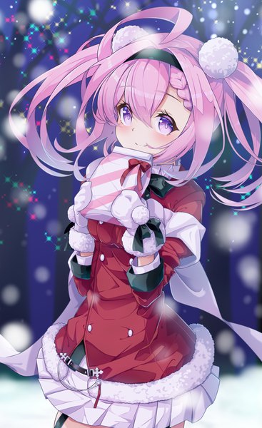 Anime picture 1893x3092 with azur lane saratoga (azur lane) saratoga (silent night songstress) (azur lane) leer.meer single long hair tall image looking at viewer fringe highres smile purple eyes twintails holding payot pink hair sky outdoors braid (braids) pleated skirt