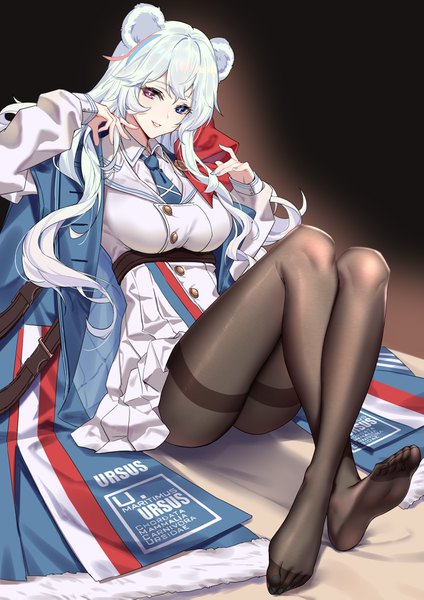Anime picture 2894x4093 with arknights rosa (arknights) 5plus single long hair tall image looking at viewer fringe highres breasts blue eyes light erotic simple background smile sitting purple eyes animal ears full body bent knee (knees) white hair