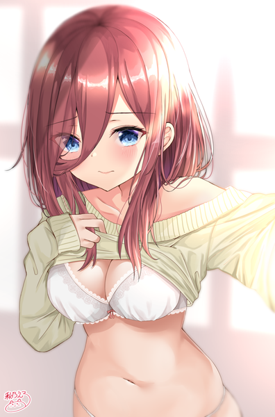 Anime picture 1100x1668 with go-toubun no hanayome nakano miku akino ell single long hair tall image blush fringe blue eyes light erotic brown hair standing signed looking away long sleeves light smile blurry hair over one eye off shoulder skindentation