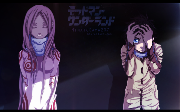 Anime picture 1024x640 with deadman wonderland shiro (deadman wonderland) igarashi ganta minatosama207 long hair short hair blue eyes black hair wide image pink hair eyes closed light smile shadow coloring hieroglyph light girl boy wall