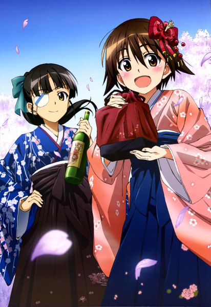 Anime picture 4089x5948 with strike witches nyantype miyafuji yoshika sakamoto mio long hair tall image looking at viewer blush highres short hair open mouth black hair brown hair multiple girls brown eyes absurdres traditional clothes japanese clothes official art girl