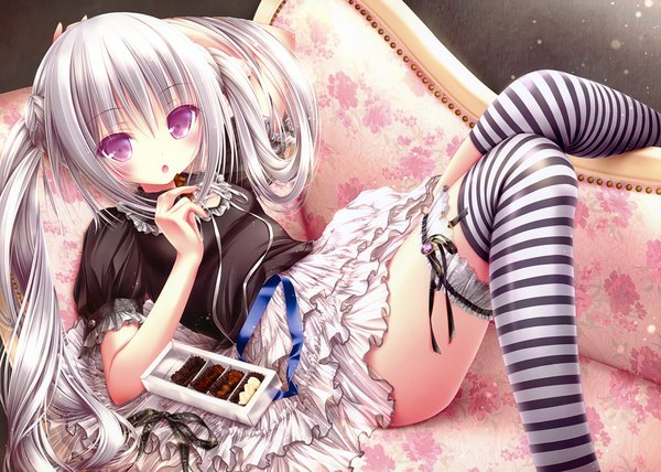 Anime picture 4860x3467 with original tinker bell single long hair blush highres open mouth light erotic purple eyes twintails absurdres white hair lolicon girl thighhighs dress food frills sweets striped thighhighs