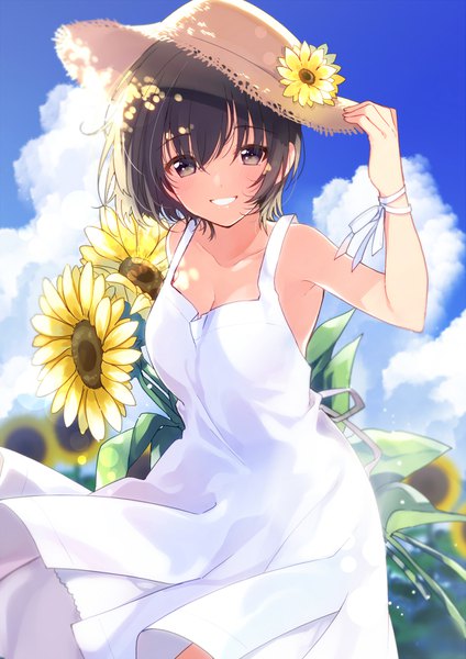 Anime picture 1157x1636 with original umiko (munemiu) single tall image looking at viewer blush fringe short hair breasts black hair smile hair between eyes standing bare shoulders sky cleavage cloud (clouds) outdoors parted lips wind