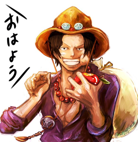 Anime picture 996x1024 with one piece toei animation portgas d. ace torapunch single tall image looking at viewer short hair black hair simple background smile white background holding signed upper body black eyes twitter username grin hieroglyph eating