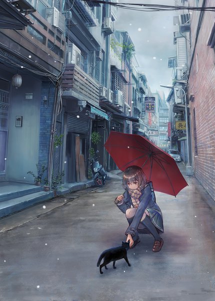 Anime picture 1003x1400 with original akiyama uta single tall image fringe short hair smile hair between eyes brown hair holding brown eyes sky full body bent knee (knees) outdoors pleated skirt outstretched arm city snowing squat