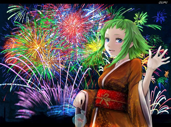 Anime picture 1280x956 with vocaloid gumi single short hair blue eyes japanese clothes green hair fireworks girl belt kimono fish (fishes)
