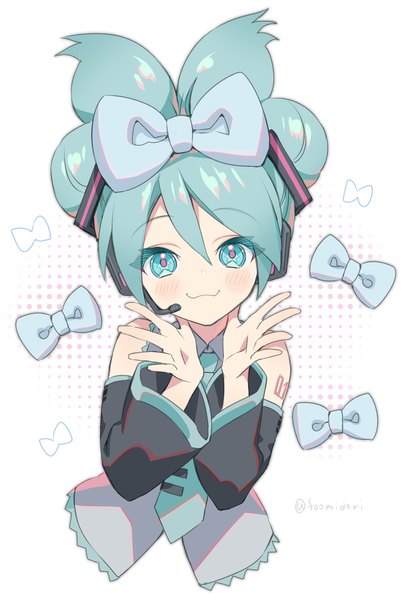 Anime picture 886x1322 with vocaloid hatsune miku cinnamiku midori foo single tall image looking at viewer blush fringe short hair simple background hair between eyes white background signed upper body aqua eyes aqua hair twitter username :3 girl
