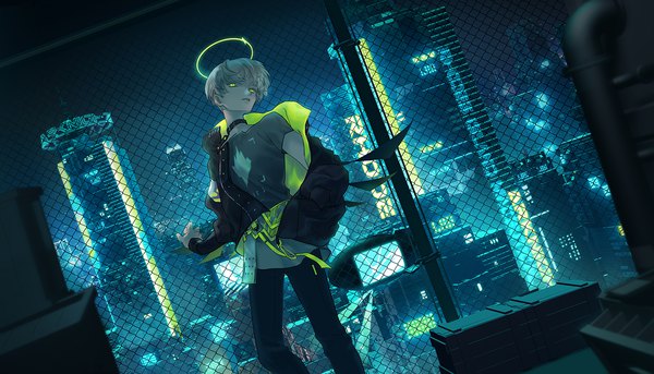 Anime picture 1500x857 with arknights arene (arknights) arene (casual) (arknights) mizukai single short hair wide image standing green eyes looking away silver hair night open jacket dutch angle copyright name turning head official alternate costume boy choker jacket