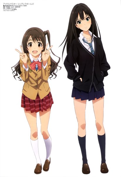 Anime picture 4082x5943 with idolmaster idolmaster cinderella girls shibuya rin shimamura uzuki akai toshifumi long hair tall image looking at viewer blush highres open mouth black hair white background multiple girls brown eyes green eyes absurdres official art one side up girl