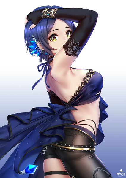 Anime picture 1200x1697 with idolmaster idolmaster cinderella girls hayami kanade infinote single tall image looking at viewer short hair light erotic simple background bare shoulders green eyes blue hair nail polish gradient background hand on head arched back mystic dawn girl gloves